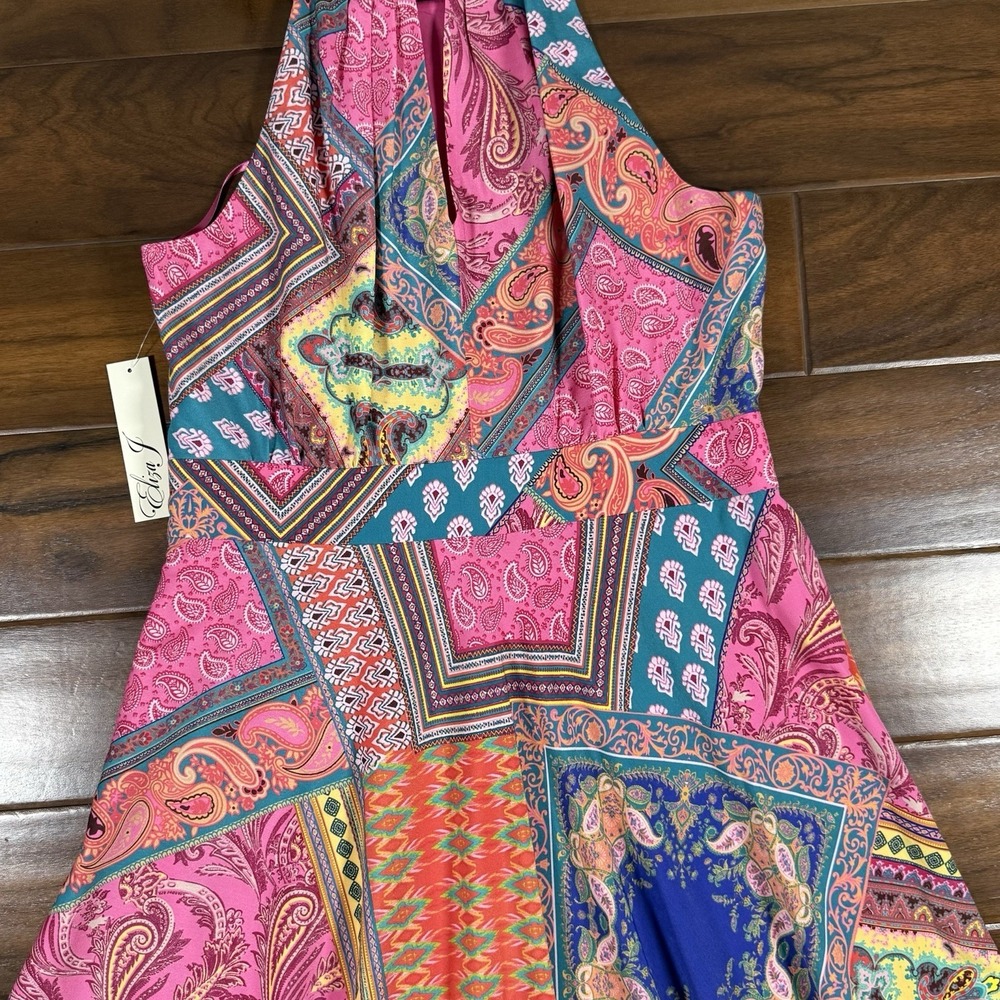Eliza J Women's Size 12 Paisley Patchwork Print Tie Back Halter Neck‎ Maxi Dress - Picture 9 of 11